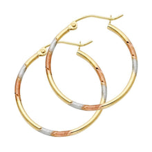 Load image into Gallery viewer, 14k Tri Color Gold 1.5mm Polished Medium Rounded Satin Smooth Hoop Earrings
