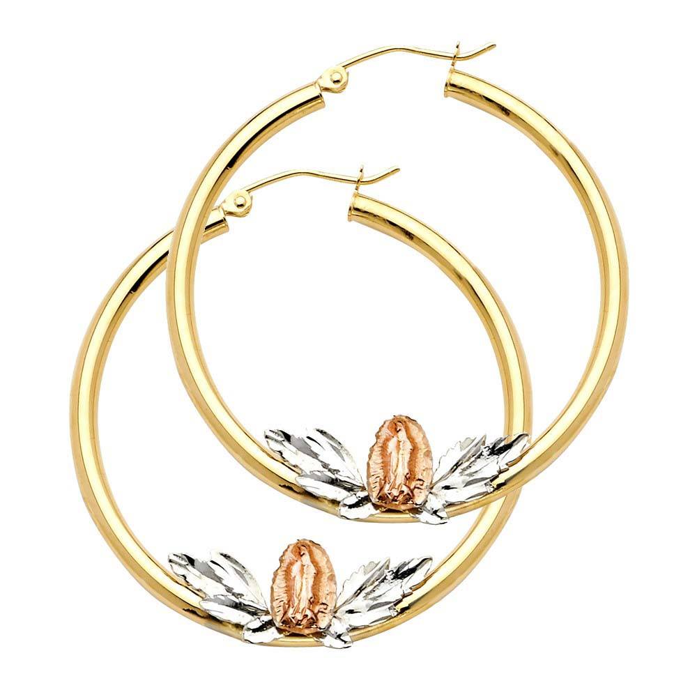 14k Tri Color Gold Our Lady Of Guadalupe Hoop Earrings