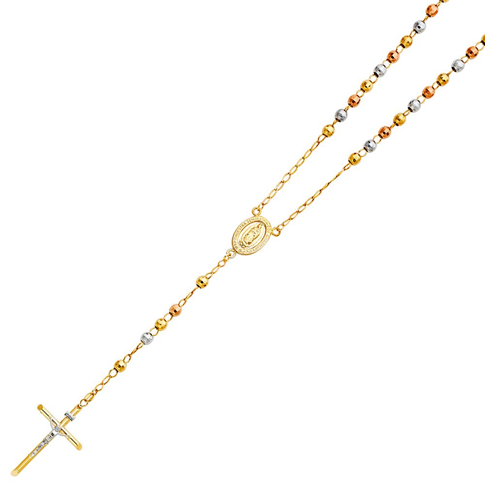 14K Tricolor 5mm Ball Rosary Necklace-Length 26"