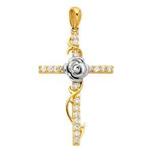 Load image into Gallery viewer, 14k Two Tone Gold 19mm CZ Religious Cross With Rose Pendant