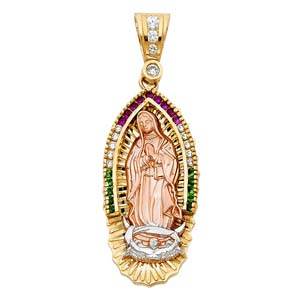 14k Tri Color Gold 21mm CZ Religious Guadalupe Pendant