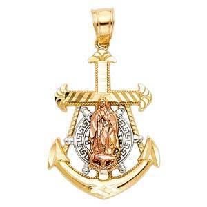 14K Tri Color 18mm Guadalupe Anchor Religious Pendant - silverdepot