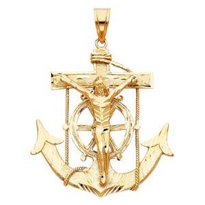 14k Yellow Gold 63mm Mariner Religious Crucifix Anchor Pendant