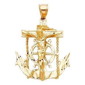 14k Yellow Gold 28mm Mariner Religious Crucifix Anchor Pendant