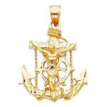 Load image into Gallery viewer, 14k Yellow Gold 22mm Mariner Religious Crucifix Anchor Pendant
