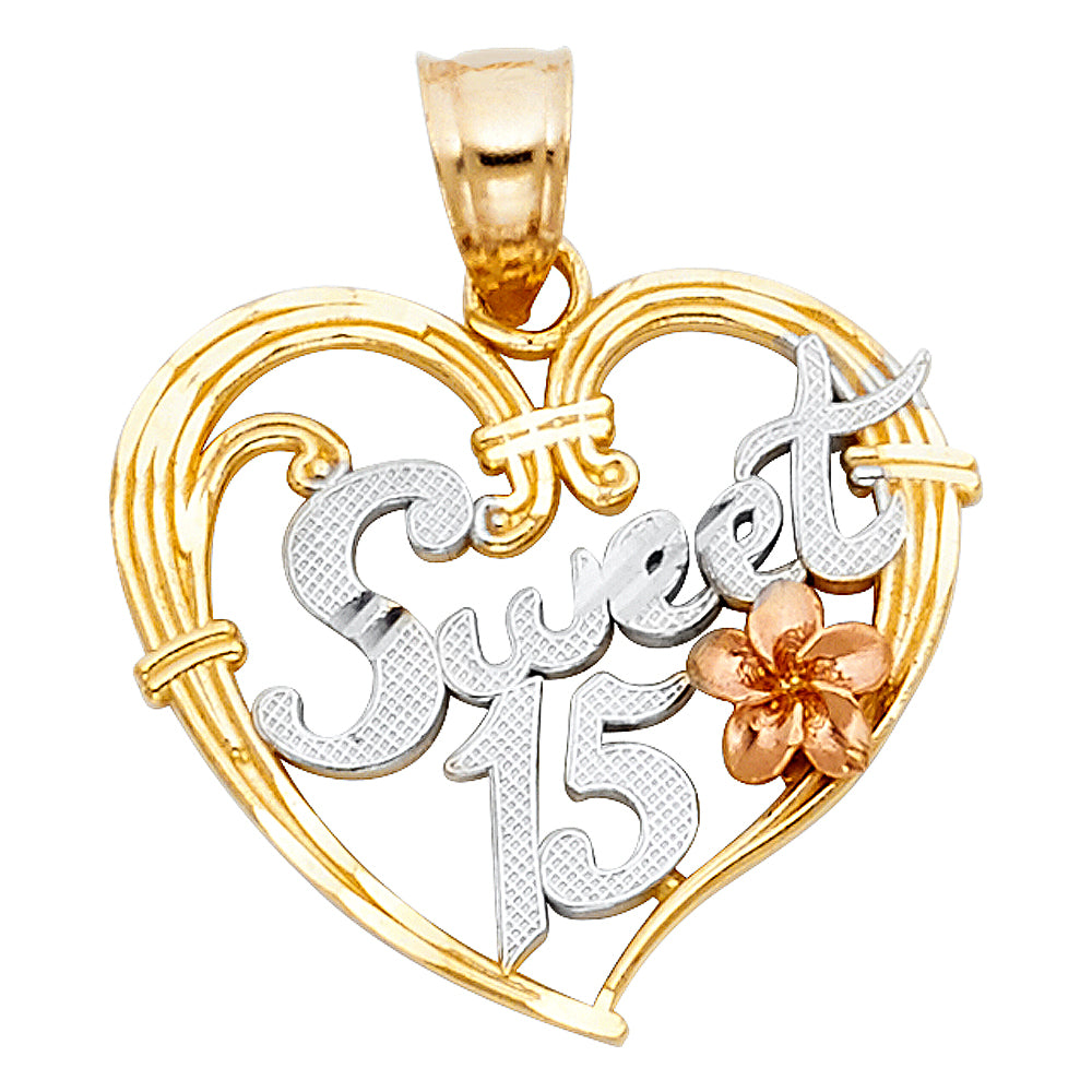14K Tri Color 21mm 15 Years Years Heart Pendant
