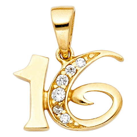 14K Yellow Gold 14mm CZ 16 Years Pendant