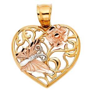 14k Tri Color Gold 21mm Heart With Butterfly Assorted Pendant