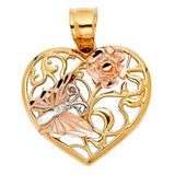 14k Tri Color Gold 21mm Heart With Butterfly Assorted Pendant
