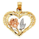 14k Tri Color Gold 20mm Heart With Rose Assorted Pendant