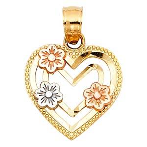 14k Tri Color Gold 13mm Flower in Heart Assorted Pendant