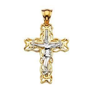 14K Gold Two Tone 26mm Religious Crucifix Pendant - silverdepot