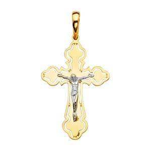 14K Gold Two Tone 25mm Religious Crucifix Pendant - silverdepot