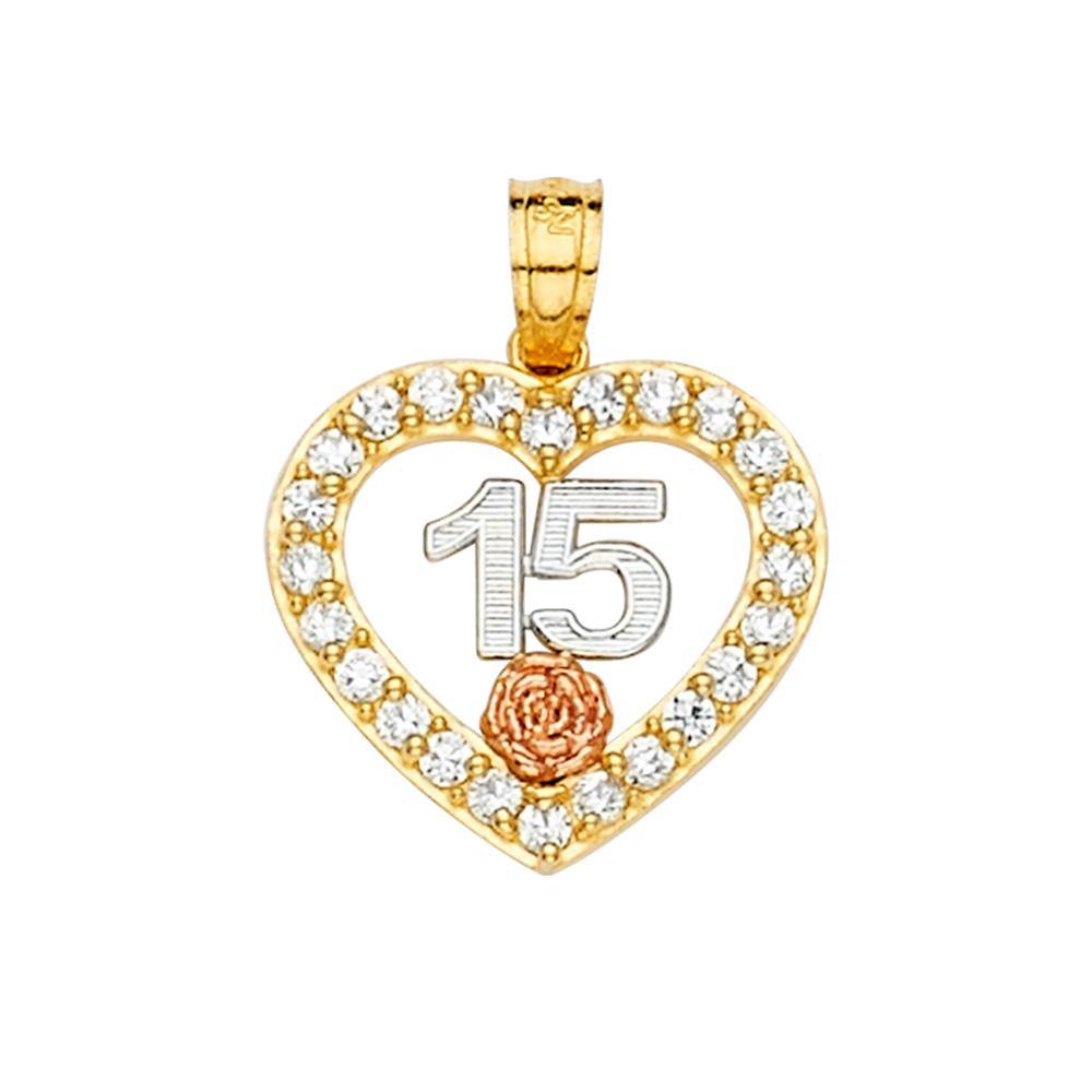 14K Tri Color 17mm CZ 15 Years Pendant - silverdepot