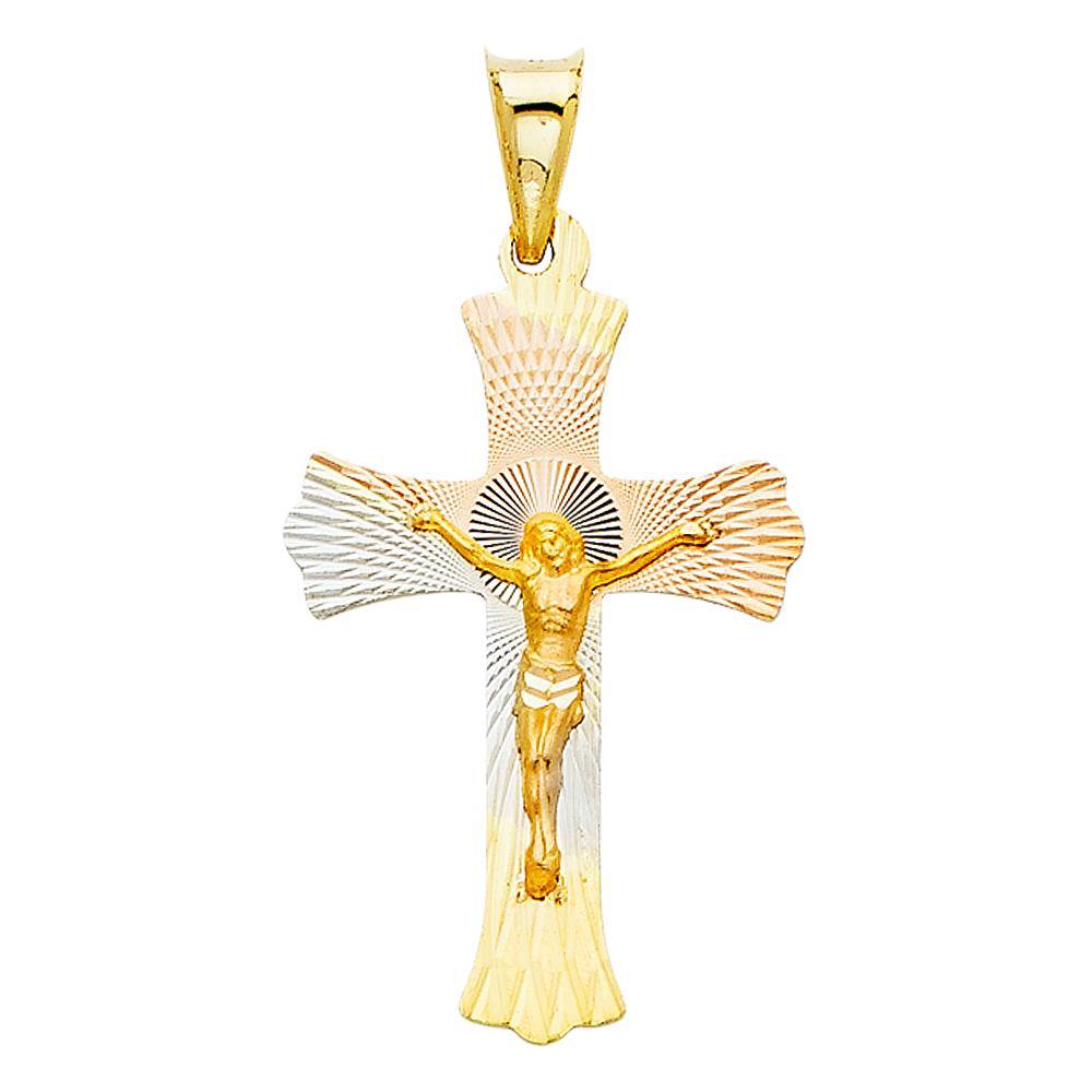 14K Tri Color 20mm DC Crucifix Jesus Cross Stamp Religious Pendant - silverdepot