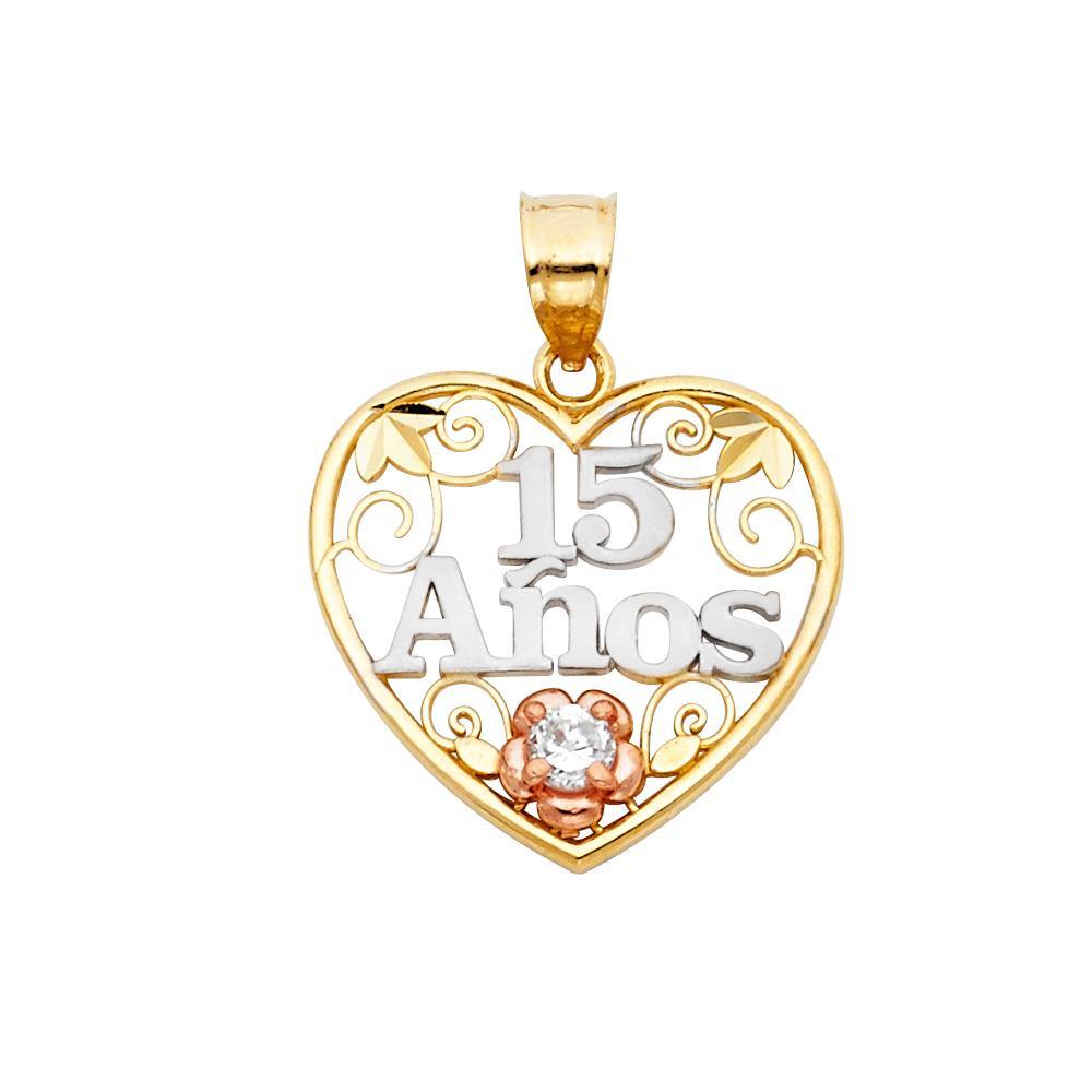 14K Tri Color 20mm Anos Sweet 15 Years Heart Pendant - silverdepot