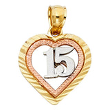 14K Tri Color 13mm Sweet 15 Years Heart Pendant