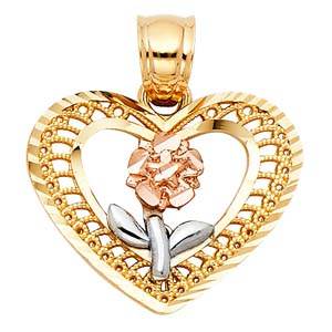 14k Tri Color Gold 20mm Flower in Heart Assorted Pendant