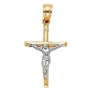 14K Gold 13mm Two Tone Jesus Crucifix Cross Religious Pendant - silverdepot
