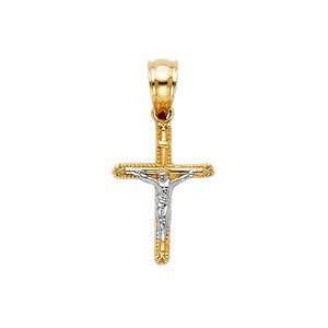 14K Gold 10mm Two Tone Jesus Crucifix Cross Religious Pendant - silverdepot