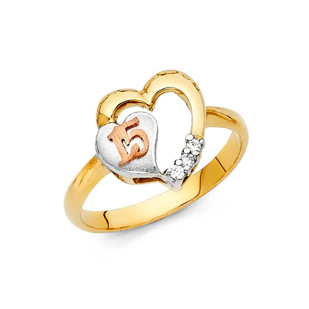 14K Tri Color 12mm Clear CZ 15 Years Heart Ring - silverdepot