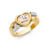 14K Tri Color 10mm Clear CZ 15 Years Heart Ring