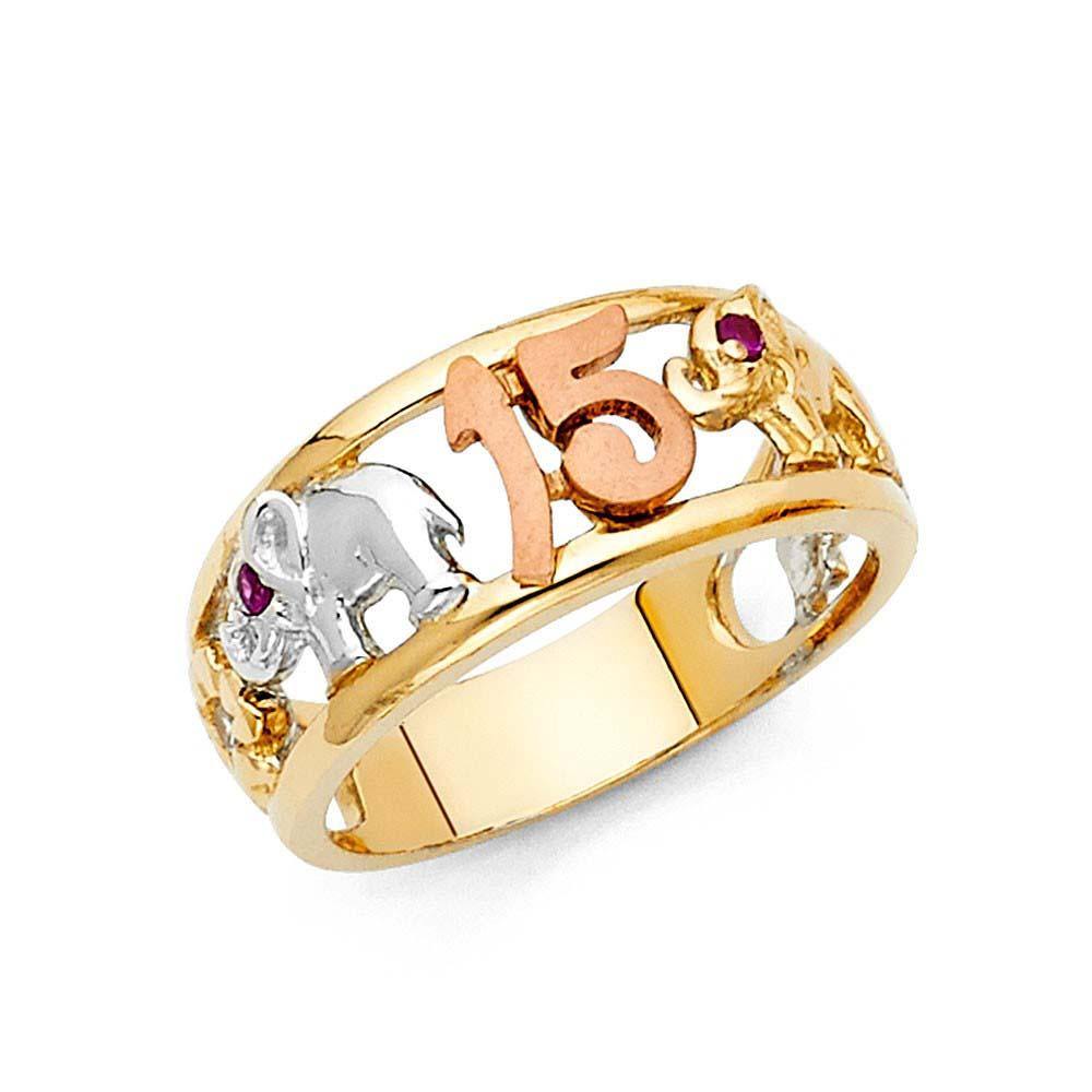 14K Tri Color 9mm 15 Years Elephant Ring - silverdepot