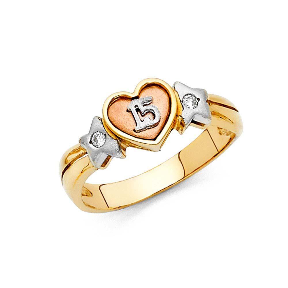 14K Tri Color 8mm Heart Clear CZ 15 Years Ring - silverdepot