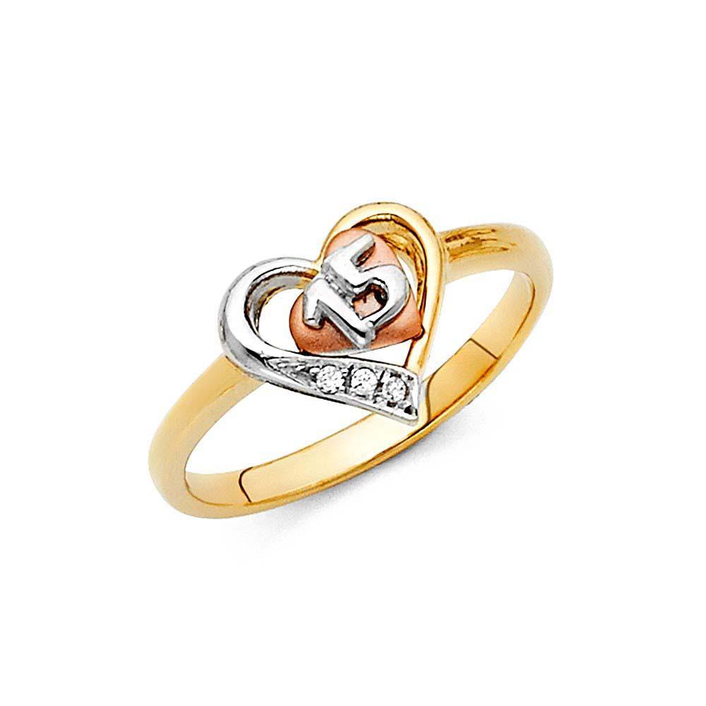 14K Tri Color 10mm Heart Clear CZ 15 Years Ring - silverdepot