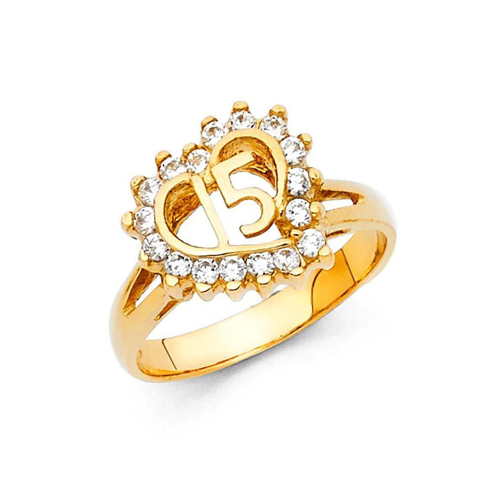 14K Yellow Gold 11mm 15 Years Clear CZ Heart Ring - silverdepot