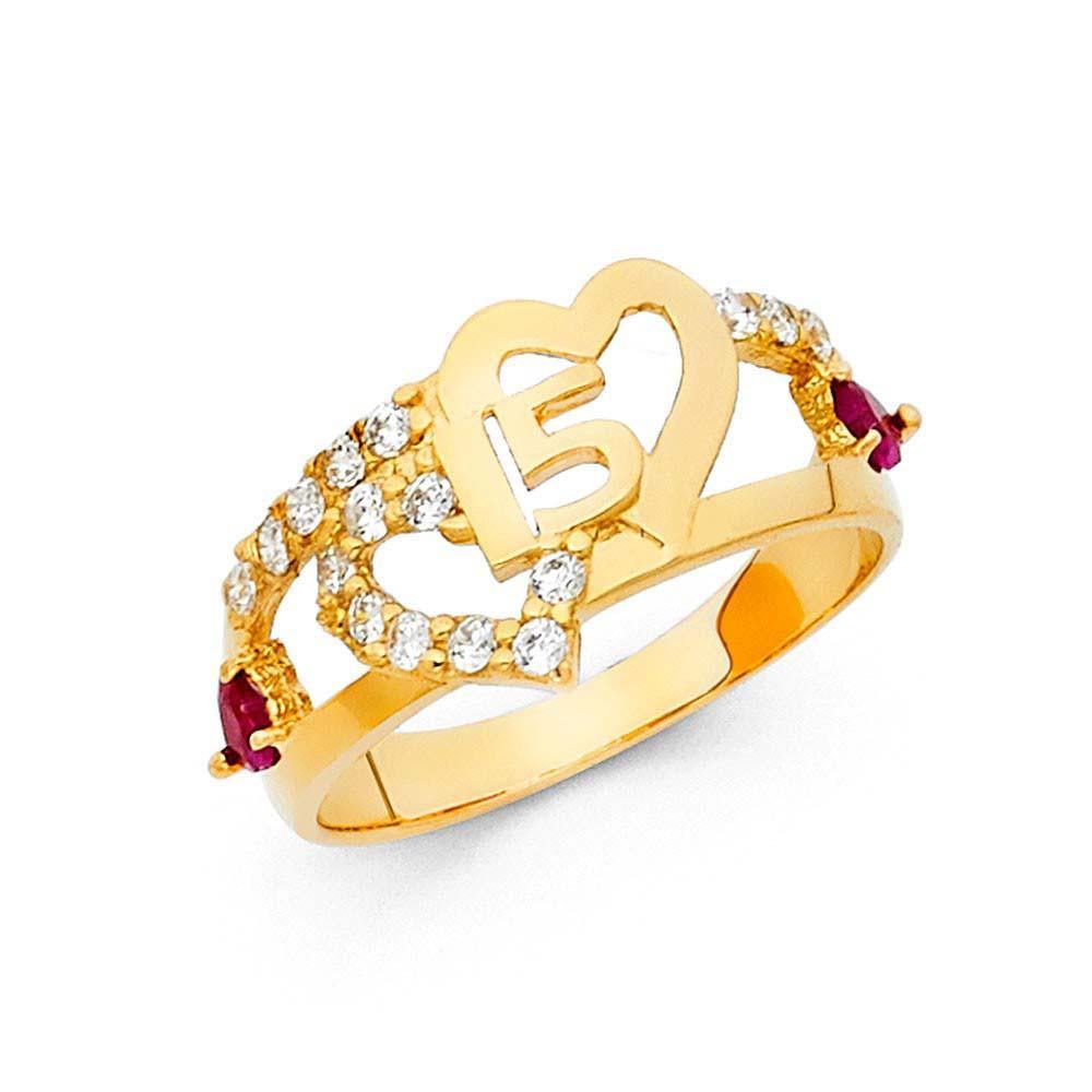 14K Yellow Gold 11mm 15 Years Pink And Clear CZ Heart Ring - silverdepot