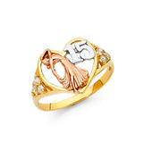 14K Tri Color 12mm 15 Years Clear CZ Heart Ring