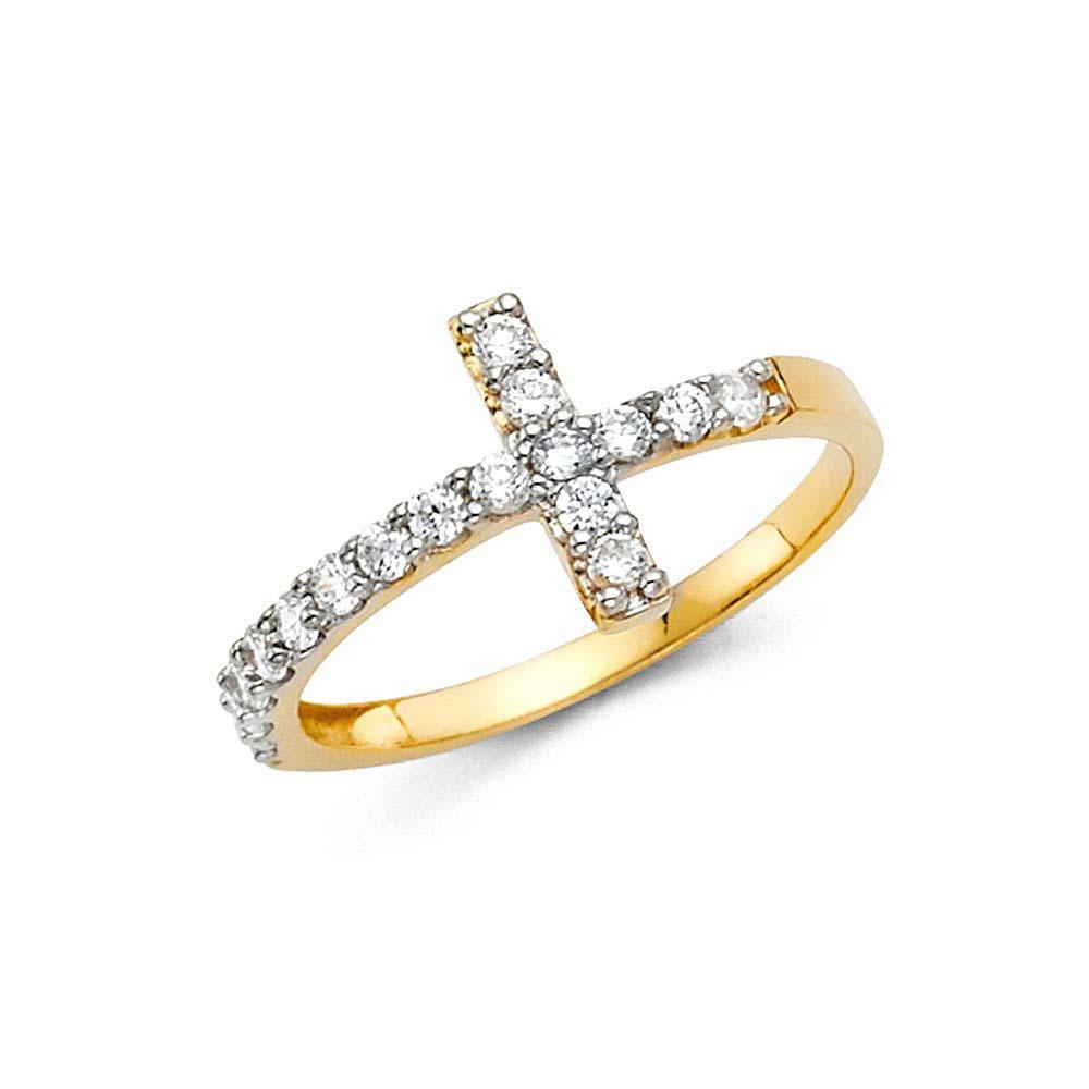 14K Yellow Gold 10mm Clear CZ Side Way Cross Ring - silverdepot