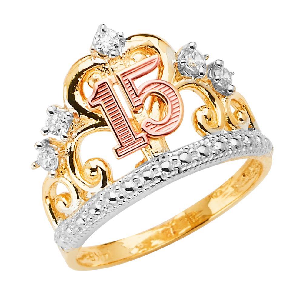 14K Tri Color 15 Years Crown Clear CZ Ring - silverdepot