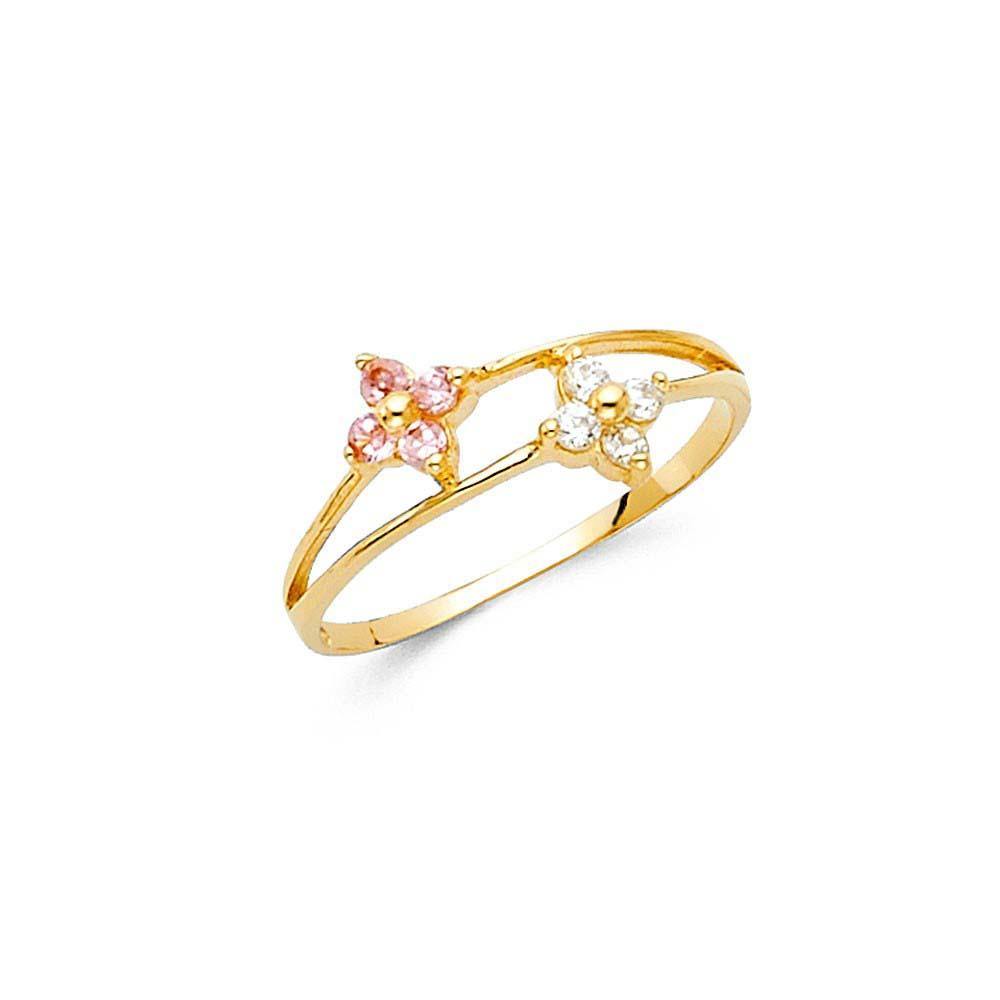 14K Yellow Gold 6mm CZ Pink and White Babies Ring - silverdepot