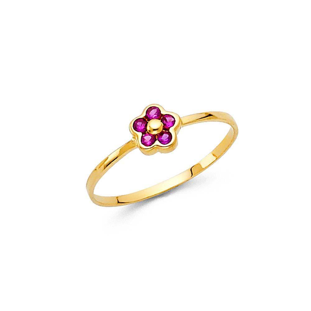 14K Yellow Gold 6mm CZ Red Flower Shape Babies Ring - silverdepot