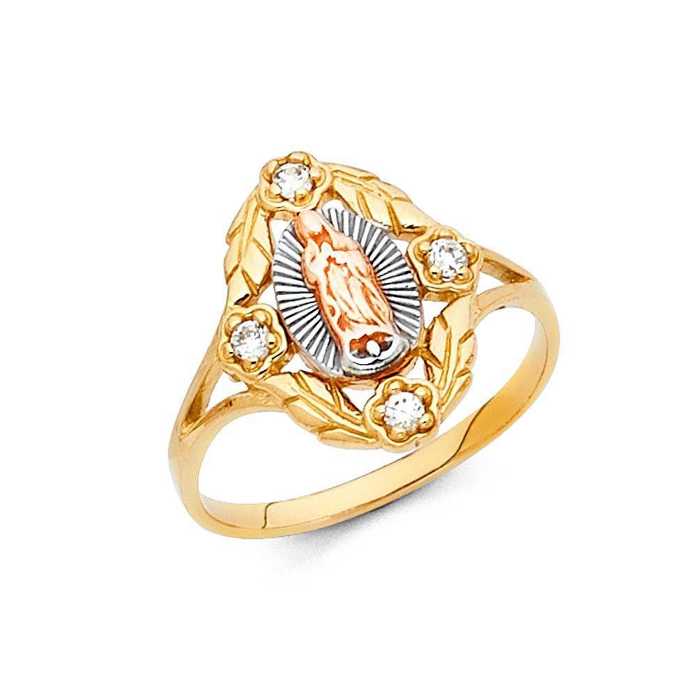 14K Two Tone 15mm Clear CZ Our Lady of Guadalupe Religious Ring - silverdepot