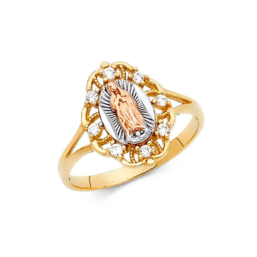 14K Tri Color 15mm Clear CZ Our Lady of Guadalupe Religious Ring - silverdepot