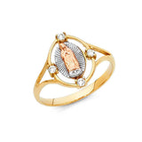 14K Tri Color 13mm Clear CZ Our Lady of Guadalupe Religious Ring