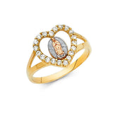 14K Tri Color 12mm Clear CZ Our Lady of Guadalupe Religious Ring