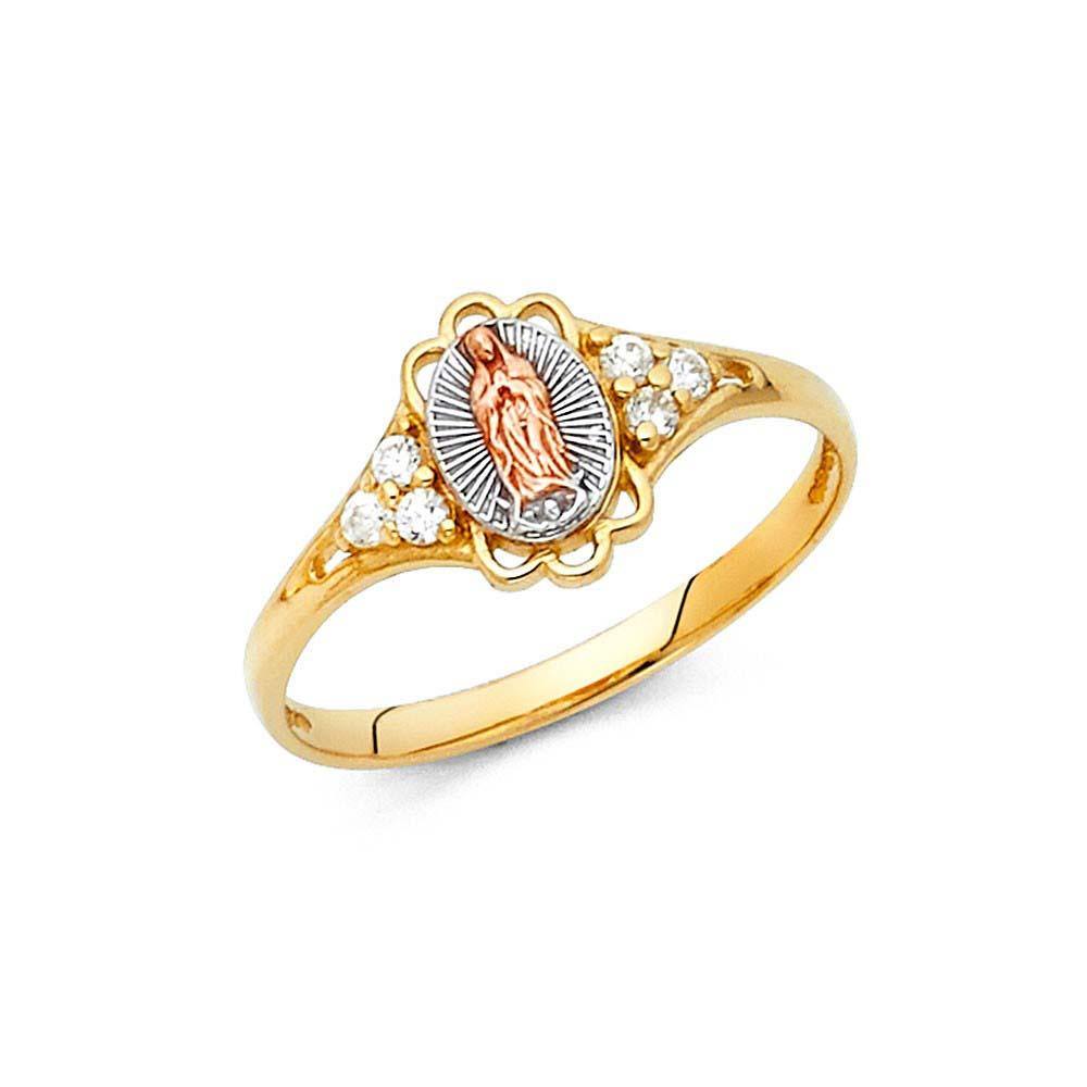 14K Tri Color 9mm Clear CZ Our Lady of Guadalupe Religious Ring - silverdepot