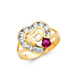 14K Yellow Gold 12mm 15 Years Pink And Clear CZ Heart Ring