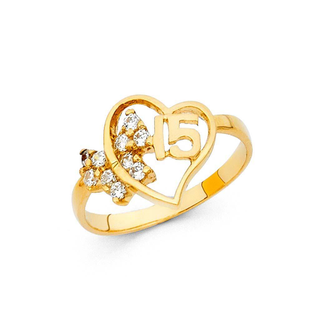 14K Yellow Gold 12mm 15 Years Clear CZ Heart Ring - silverdepot