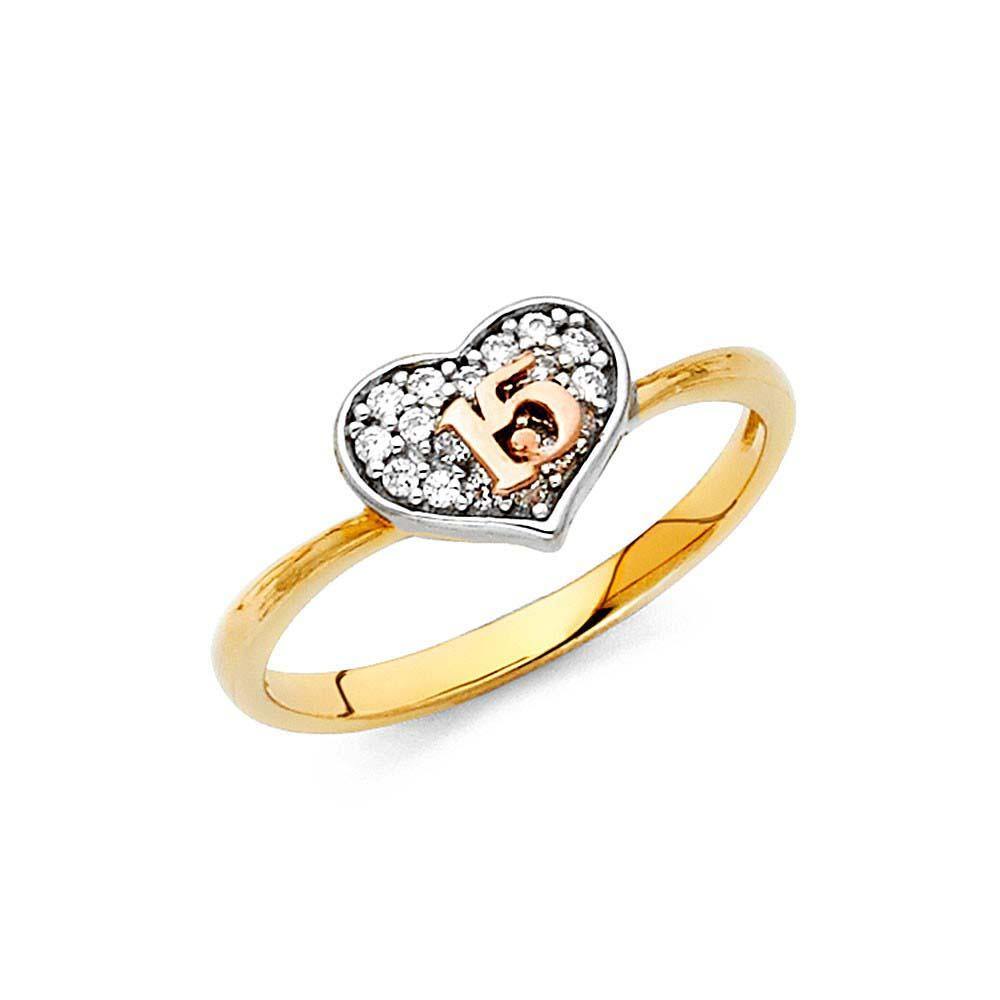 14K Two Tone 8mm Heart Clear CZ 15 Years Ring - silverdepot