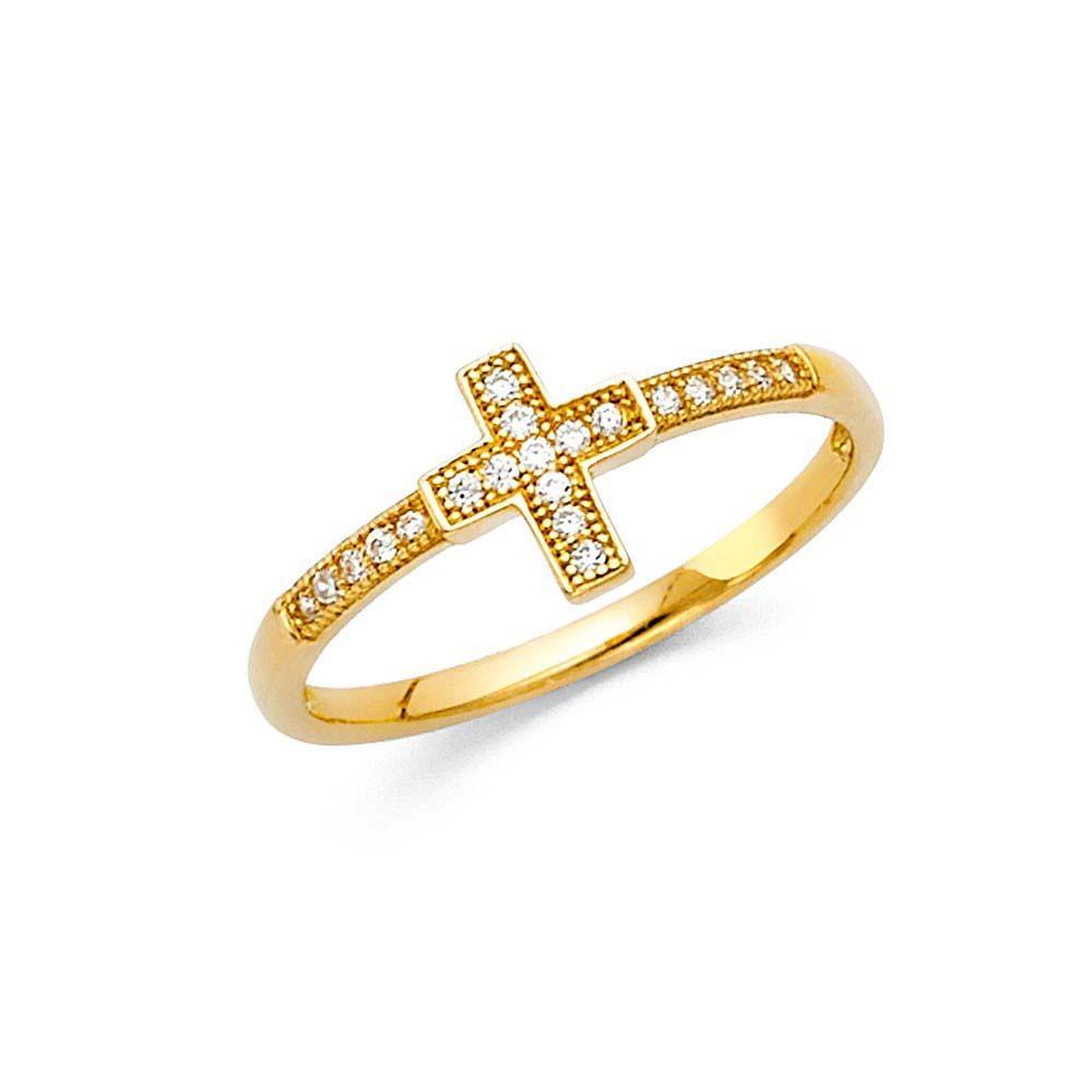 14K Yellow Gold 8mm Clear CZ Religious Cross Ring - silverdepot