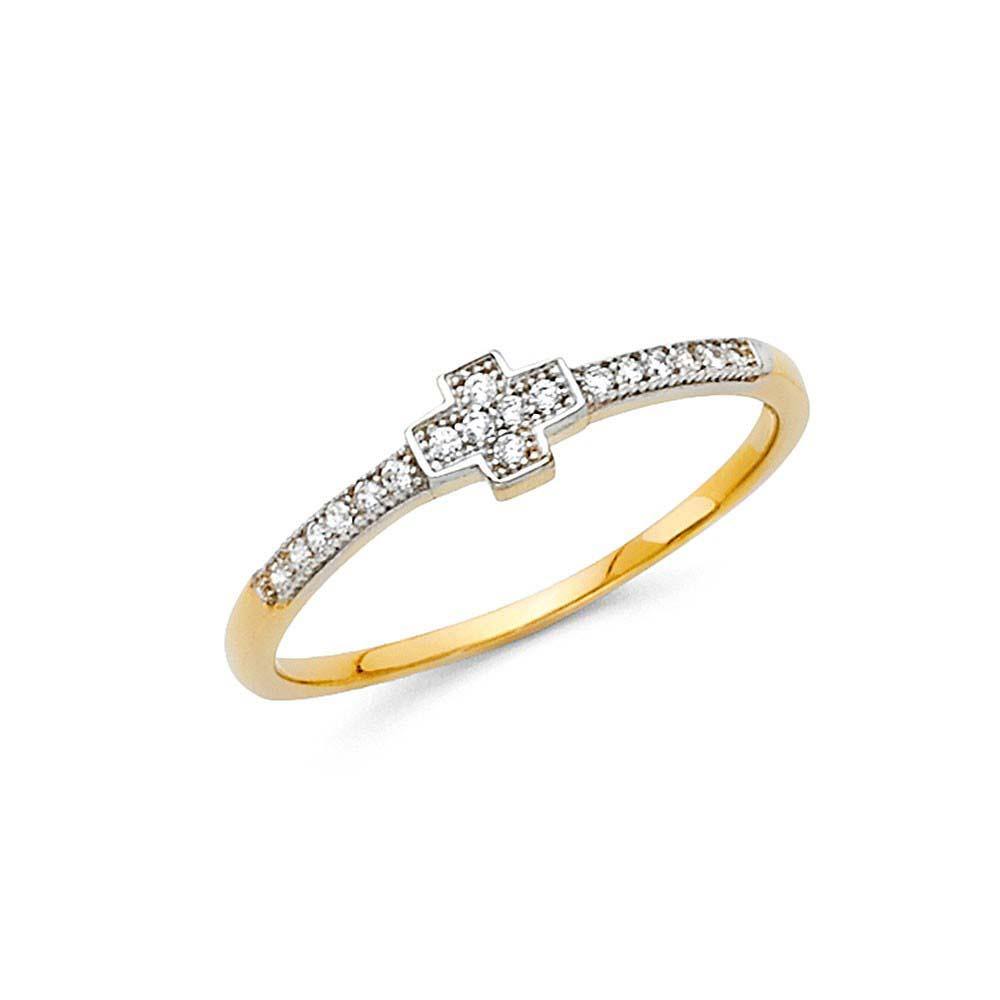 14K Yellow Gold 4mm Clear CZ Religious Cross Ring - silverdepot