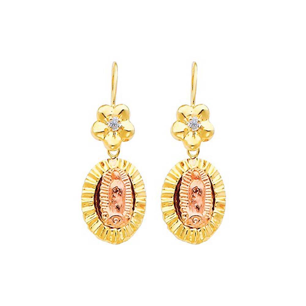 14K Yellow Gold Our Lady Guadalupe CZ Hanging Earrings