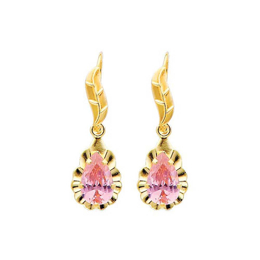 14K Yellow Gold Pink CZ Hanging Earrings