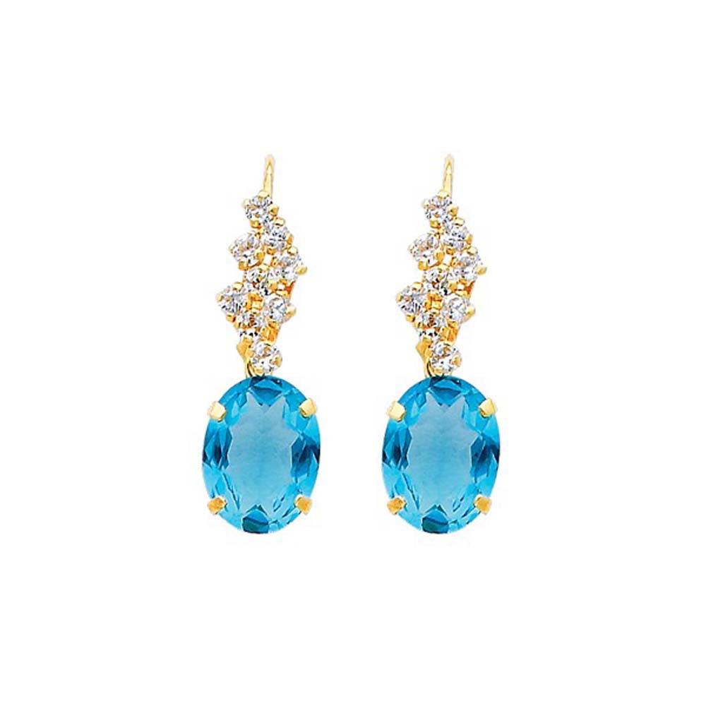 14K Yellow Gold Blue and White CZ Hanging Earrings