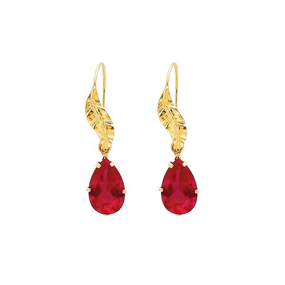 14K Yellow Gold Red CZ Hanging Earrings